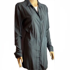 Alexander Wang Elegant Slate Blue Grey Long-Sleeve Button-up Silk Shirt Dress